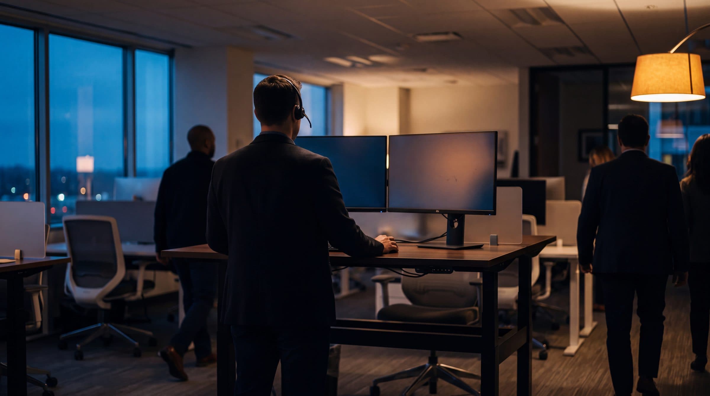 An advisor at a modern sit-stand desk wearing a wireless headset, seen from behind on an agency floor at dusk